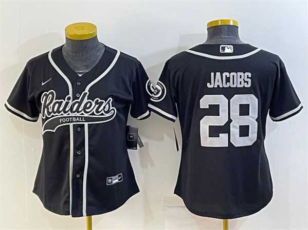 Womens Las Vegas Raiders #28 Josh Jacobs Black With Patch Cool Base Stitched Baseball Jersey